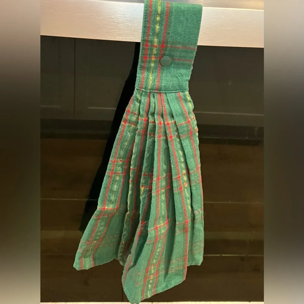 kitchen towel , green and red tartan pattern,button fastener